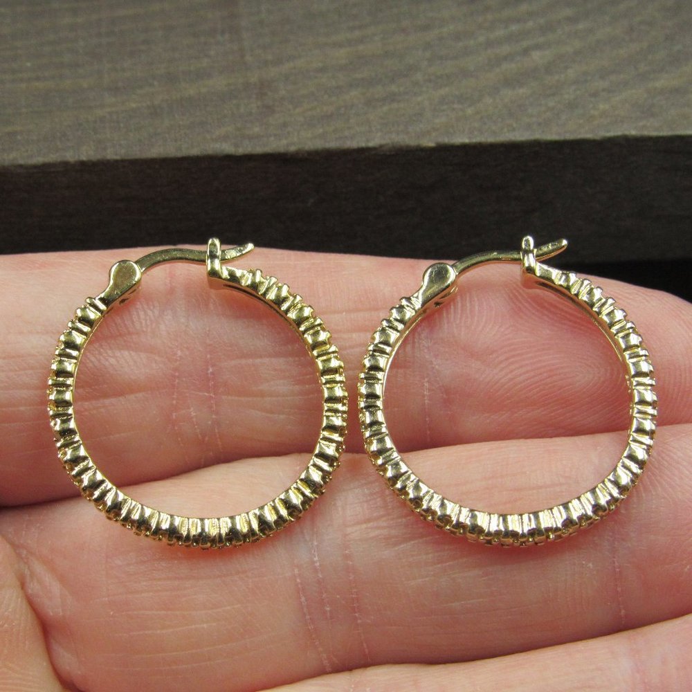 Sterling Silver Diamond Chip Gold Plated Fancy Hoop Earrings Vintage